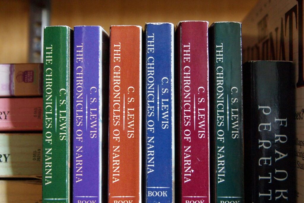 Rows of C.S. Lewis's 'The Chronicles of Narnia' books on a shelf, vibrant and inviting.