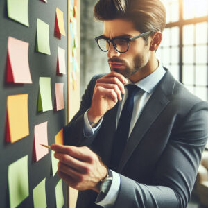 businessman analyzing adhesive notes on board in office